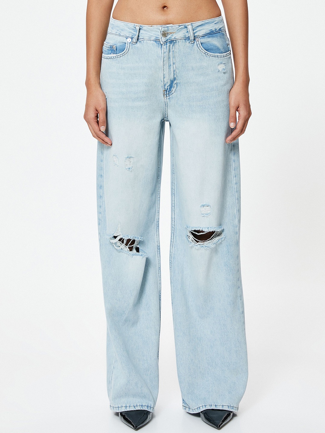 

Koton Women Wide Leg Mid-Rise Slash Knee Trousers, Blue
