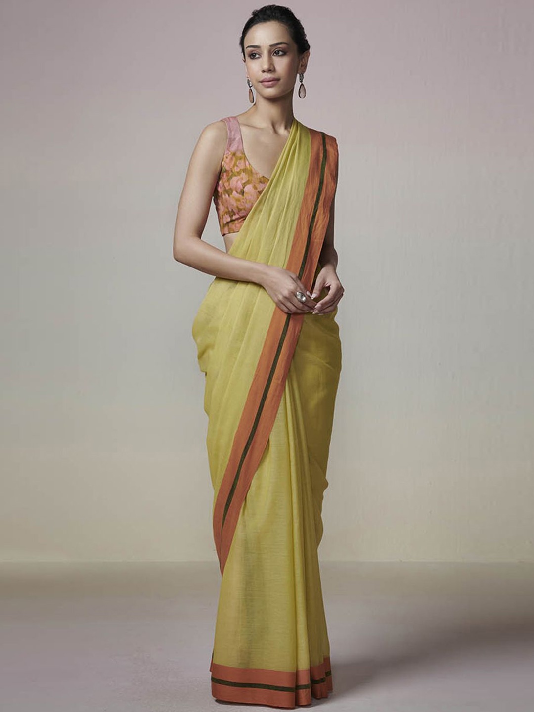 

DRESSFOLK Handloom Cotton Lime with Orange border saree, Lime green