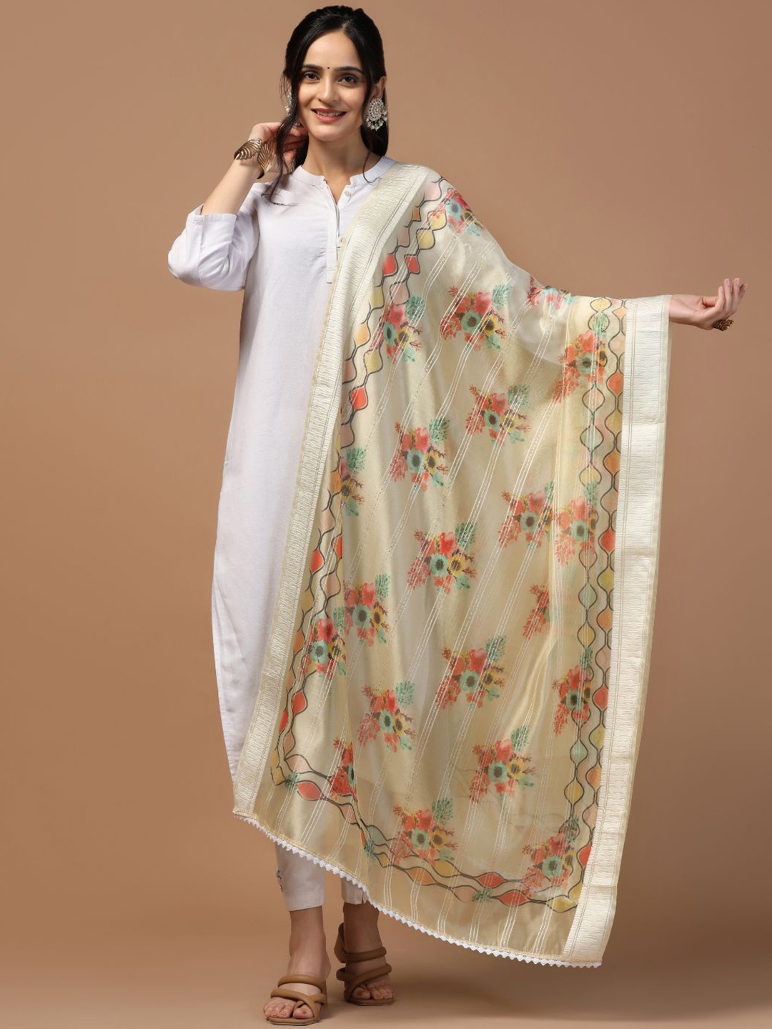 

Kaizen TEXO FAB Floral Printed Sequinned Organza Dupatta, Cream