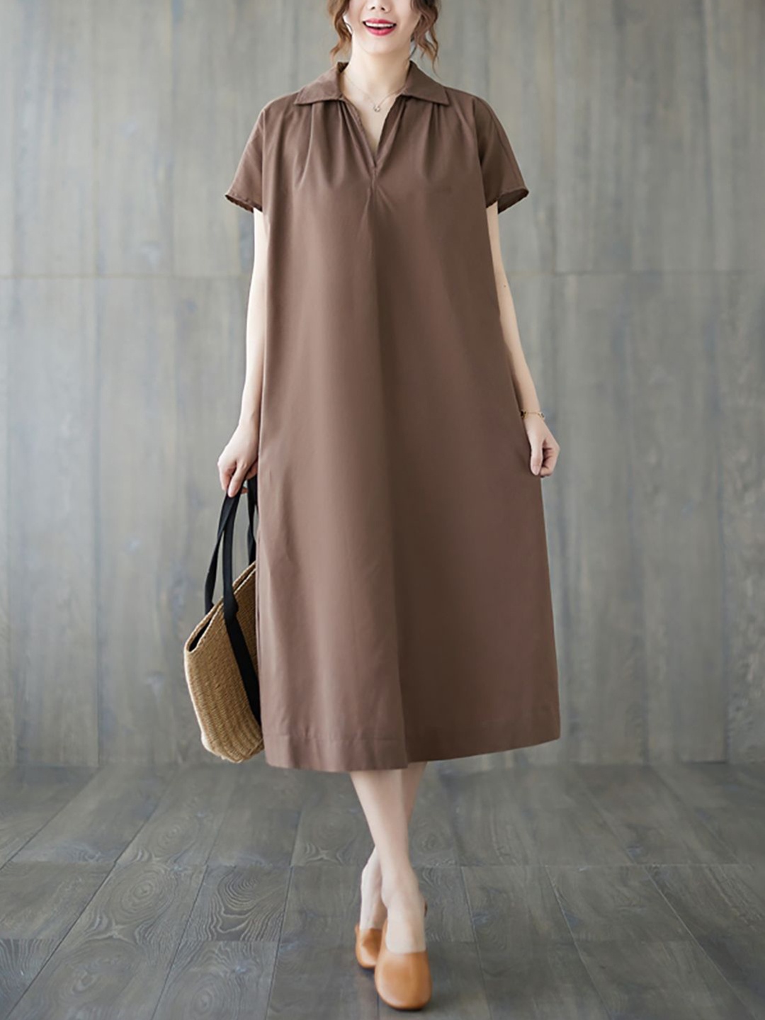 

JC Mode Shirt Collar A-Line Midi Dress, Coffee brown