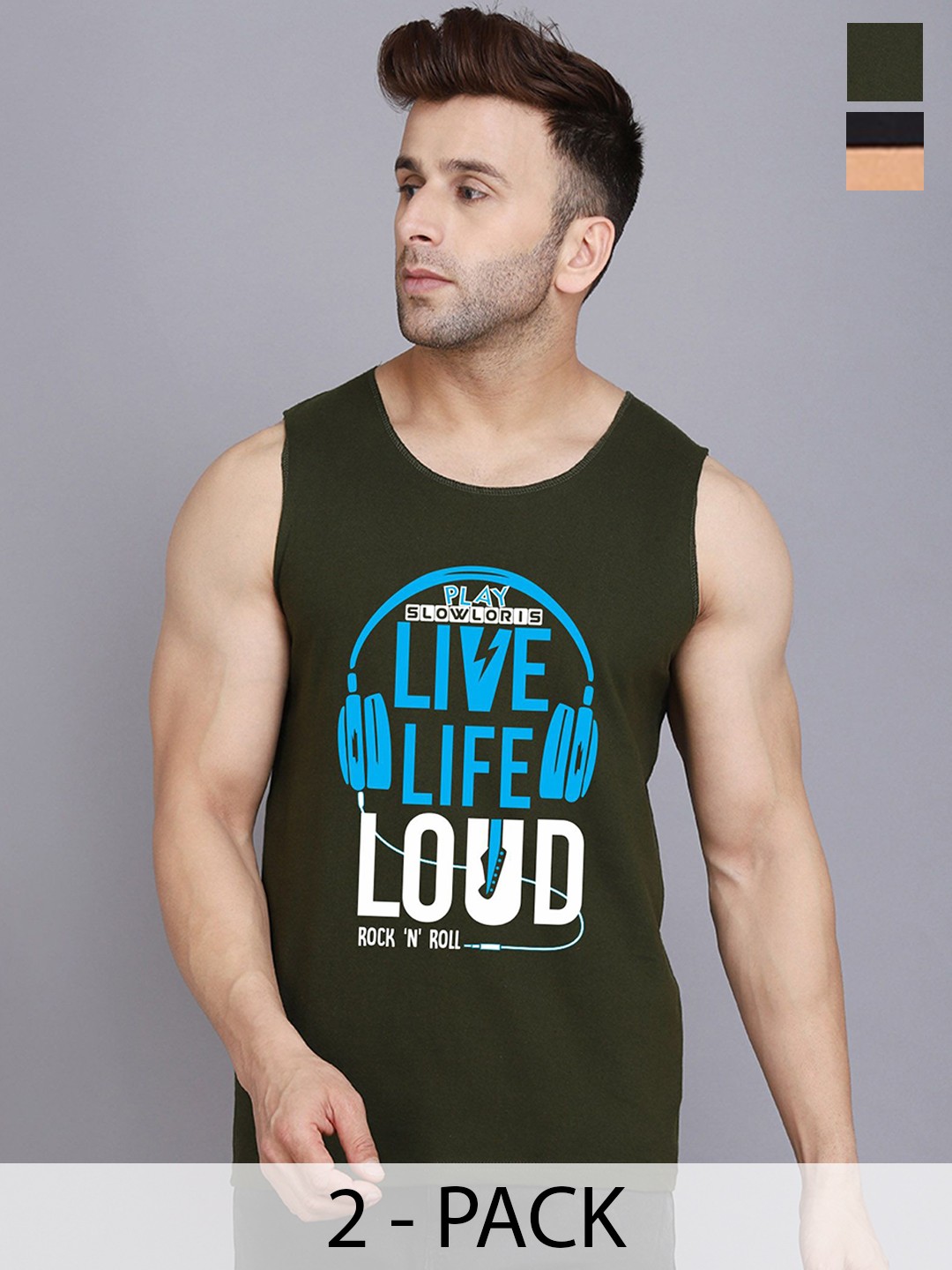 

SLOWLORIS Pack Of 2 Printed Gym Vests, Olive