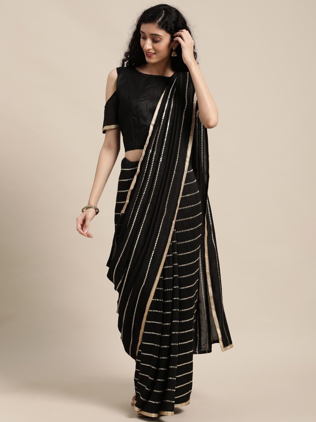 

KULNAARI Embellished Embroidered Poly Chiffon Saree, Black