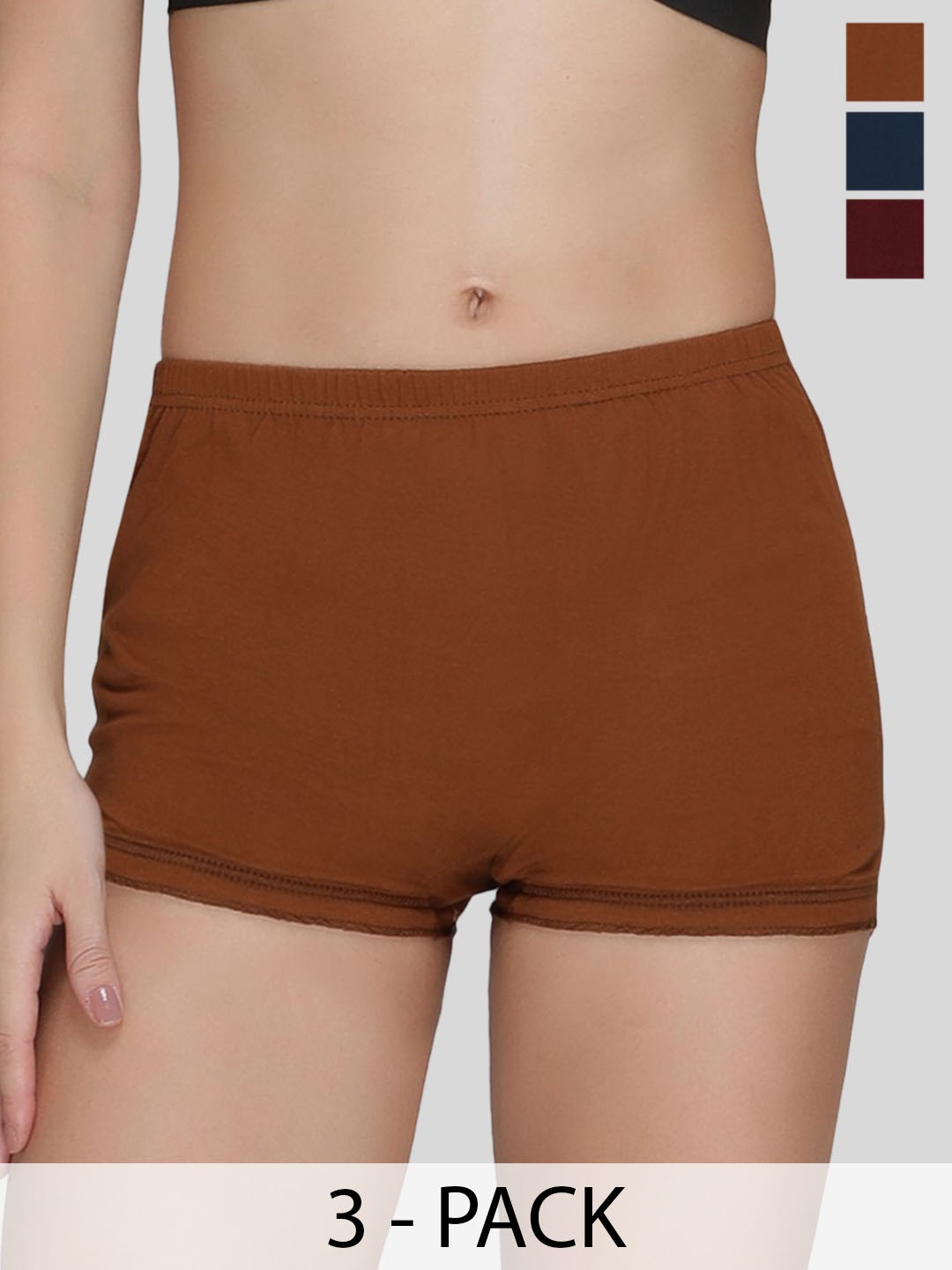 

AMUL COMFY Pack Of 3 Cotton Mid-Rise Boy Shorts, Brown