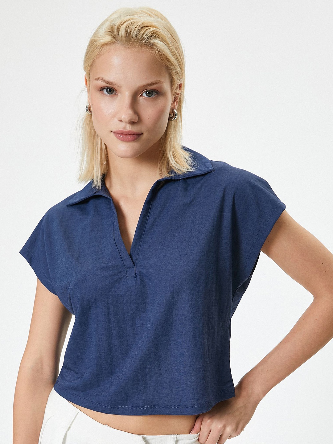

Koton Women Solid Shirt Collar Viscose Rayon Top, Navy blue