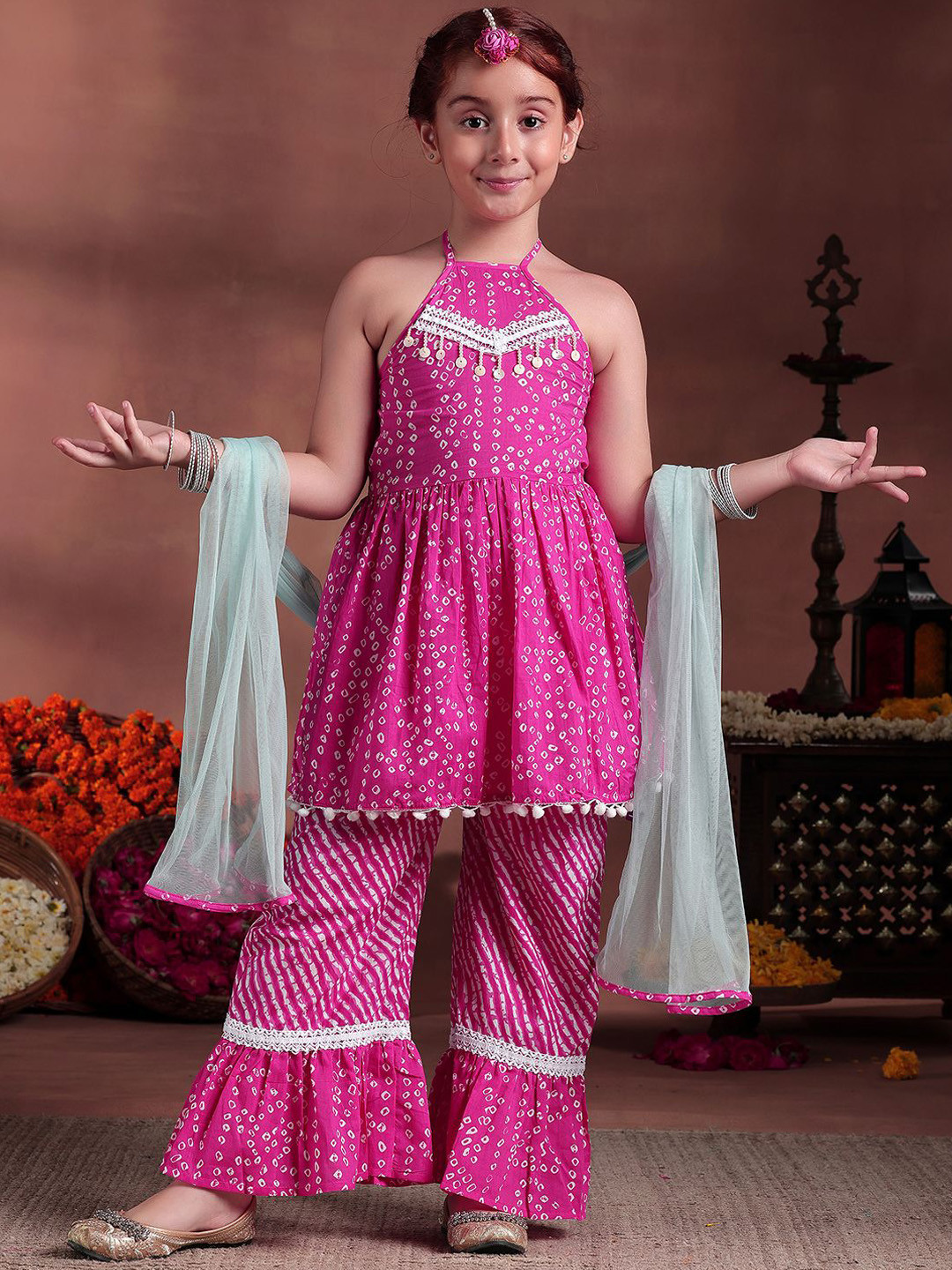 

Libas KIDS Girls Bandhani Beads and Stones Pure Cotton Anarkali Kurta Set, Pink
