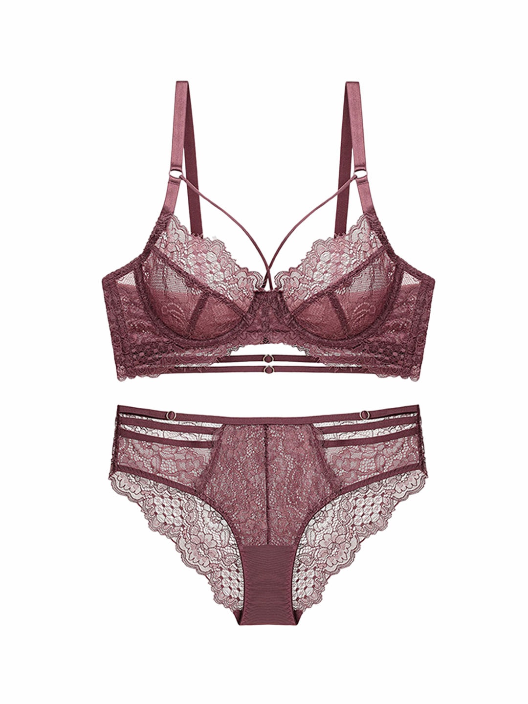 

LULU & SKY Women Two Piece Strappy Lace Lingerie Set, Purple