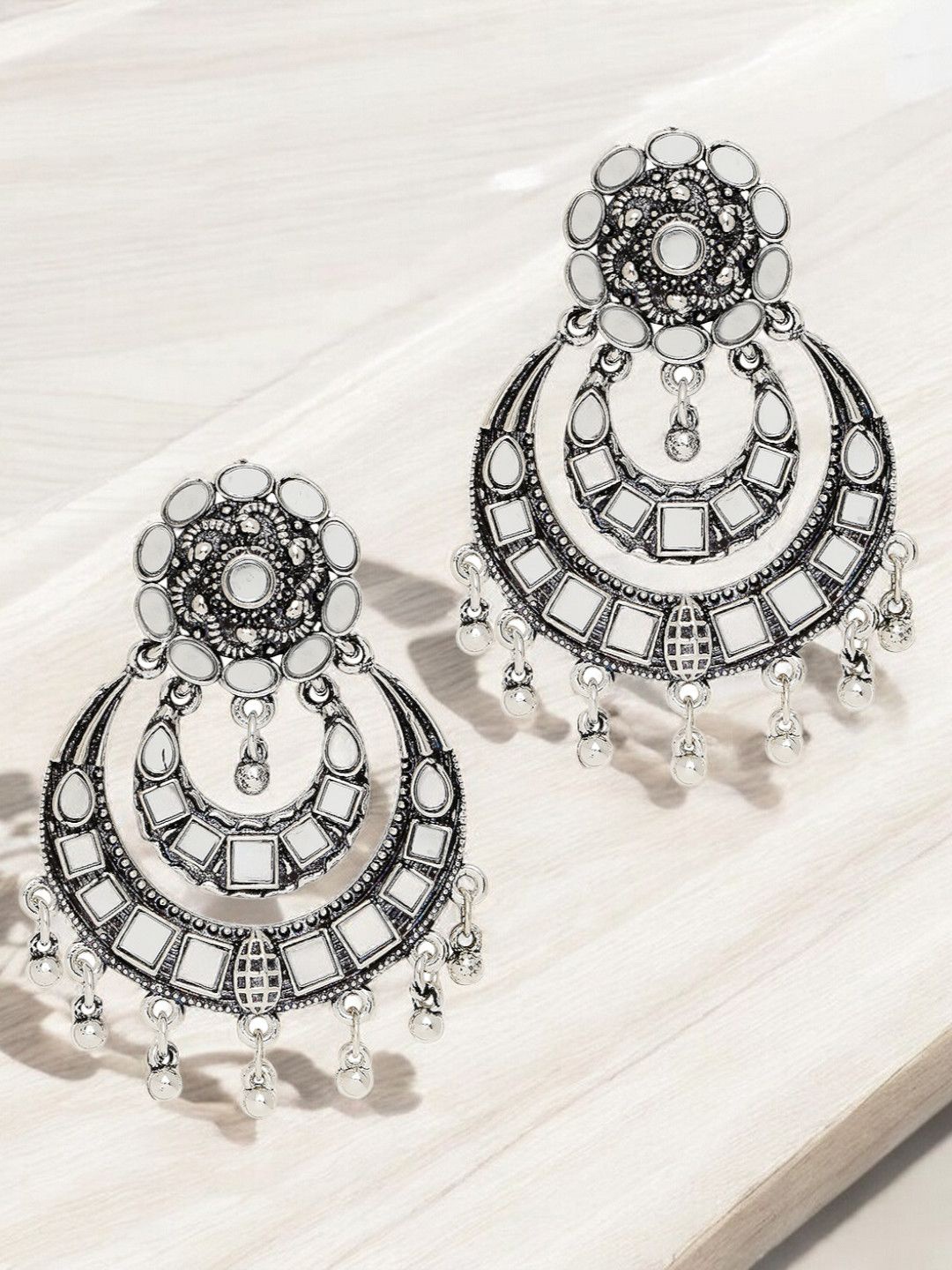 

OOMPH Cubic Zirconia Studded Floral Chandbalis, Silver