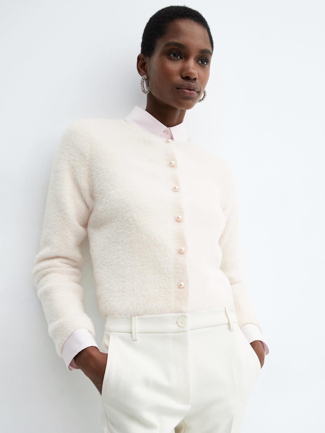 

MANGO Faux Fur Knitted Cardigan, Cream