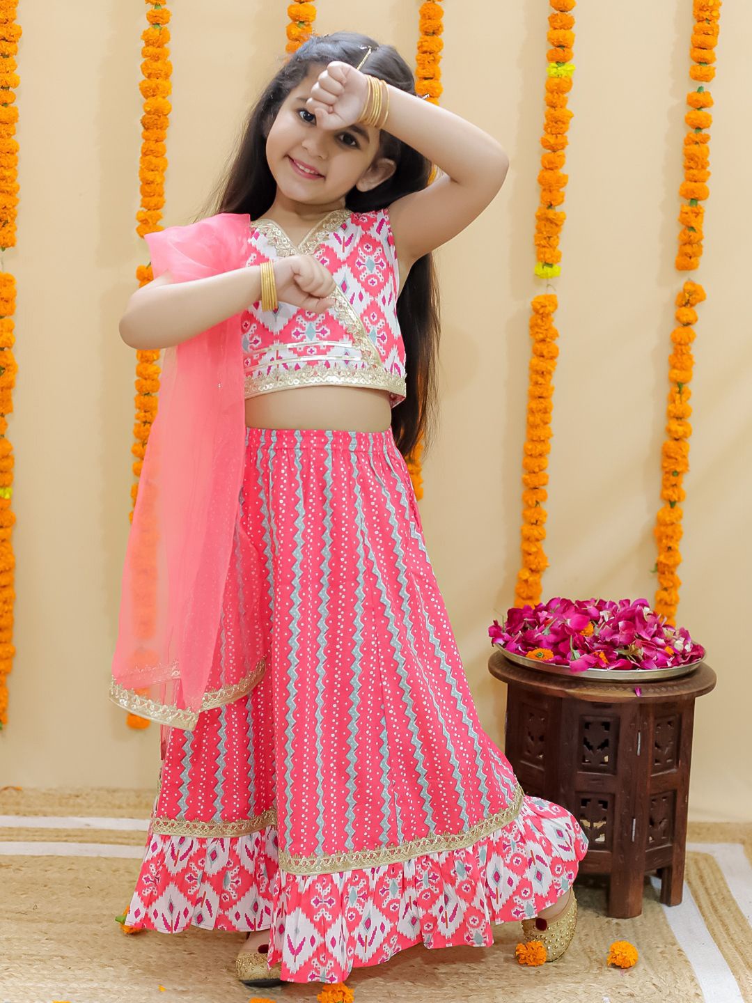 

JUNITOS Girls Ethnic Motifs Printed Ready to Wear Cotton Lehenga & Blouse With Dupatta, Pink