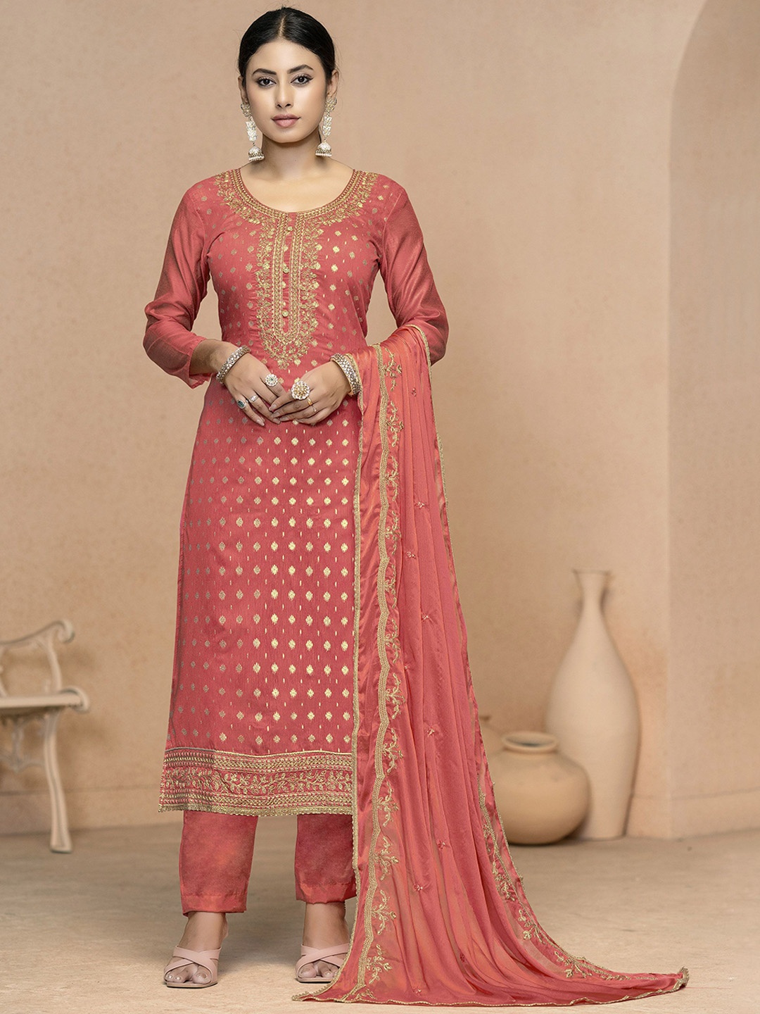 

MANVAA Ethnic Motifs Embroidered Zari Unstitched Dress Material, Peach