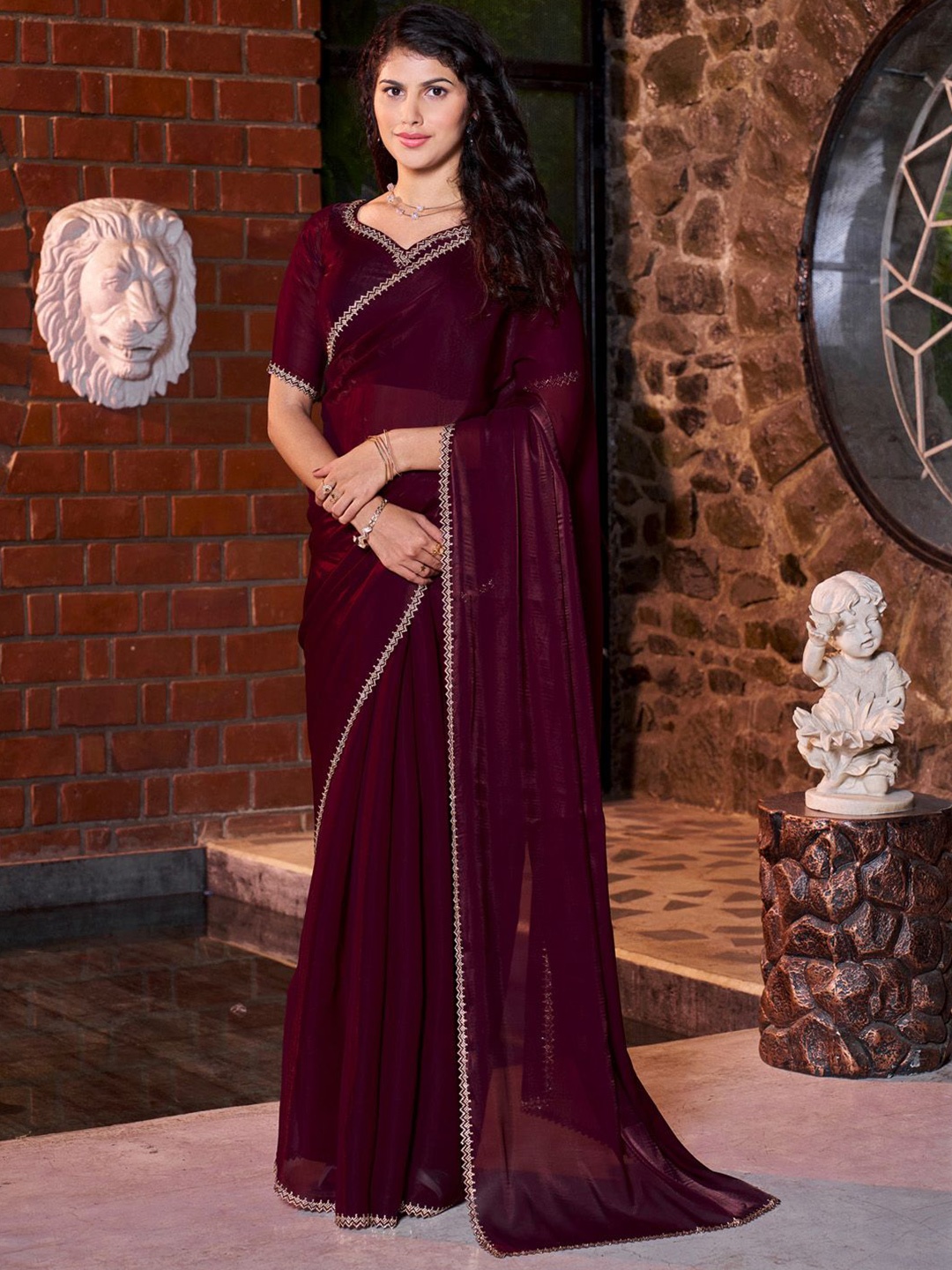 

Saree mall Embellished Beads and Stones Satin Saree, Magenta