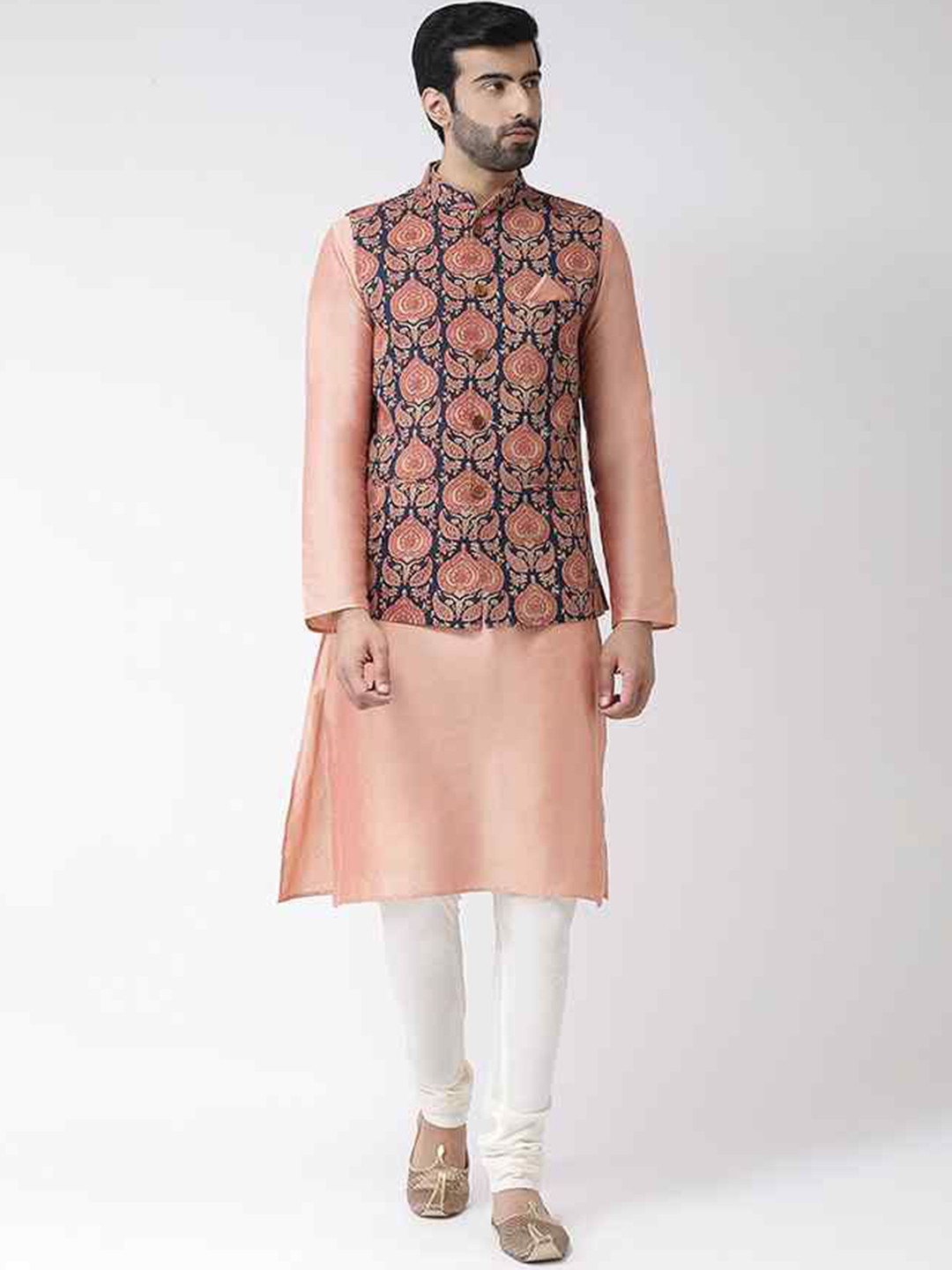 

Anouk Ethnic Motifs Printed Mandarin Collar Regular Kurta with Churidar, Navy blue