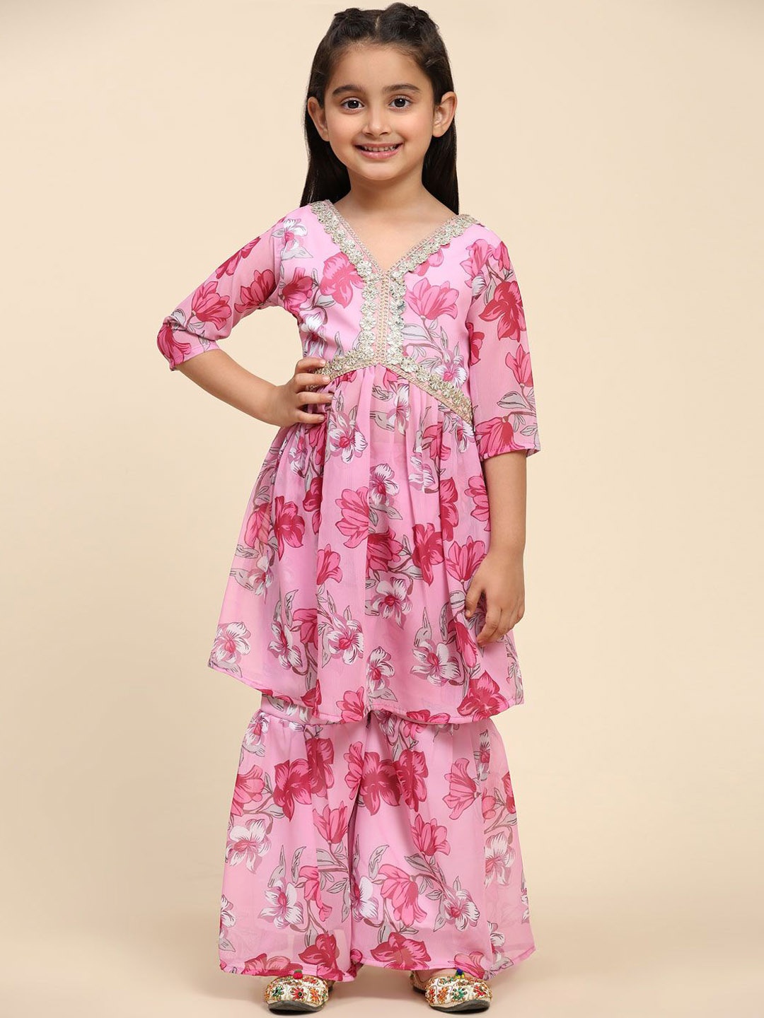 

SHIJILA Girls Floral Printed A Line Kurta with Sharara, Pink