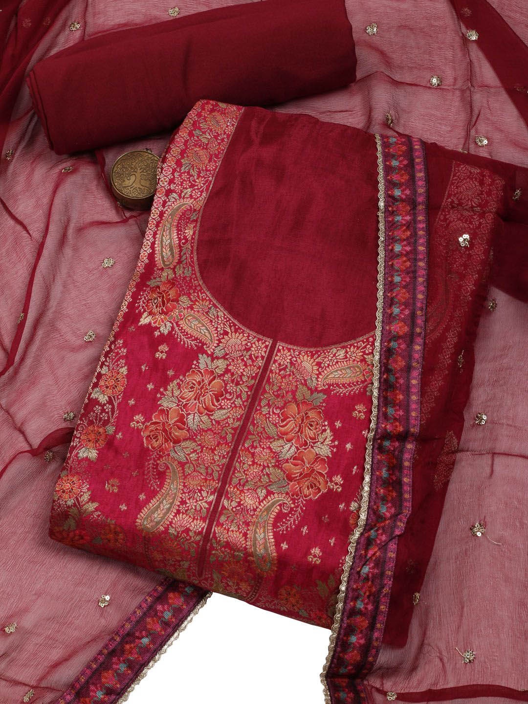 

Meena Bazaar Ethnic Motifs Woven Design Unstitched Dress Material, Magenta