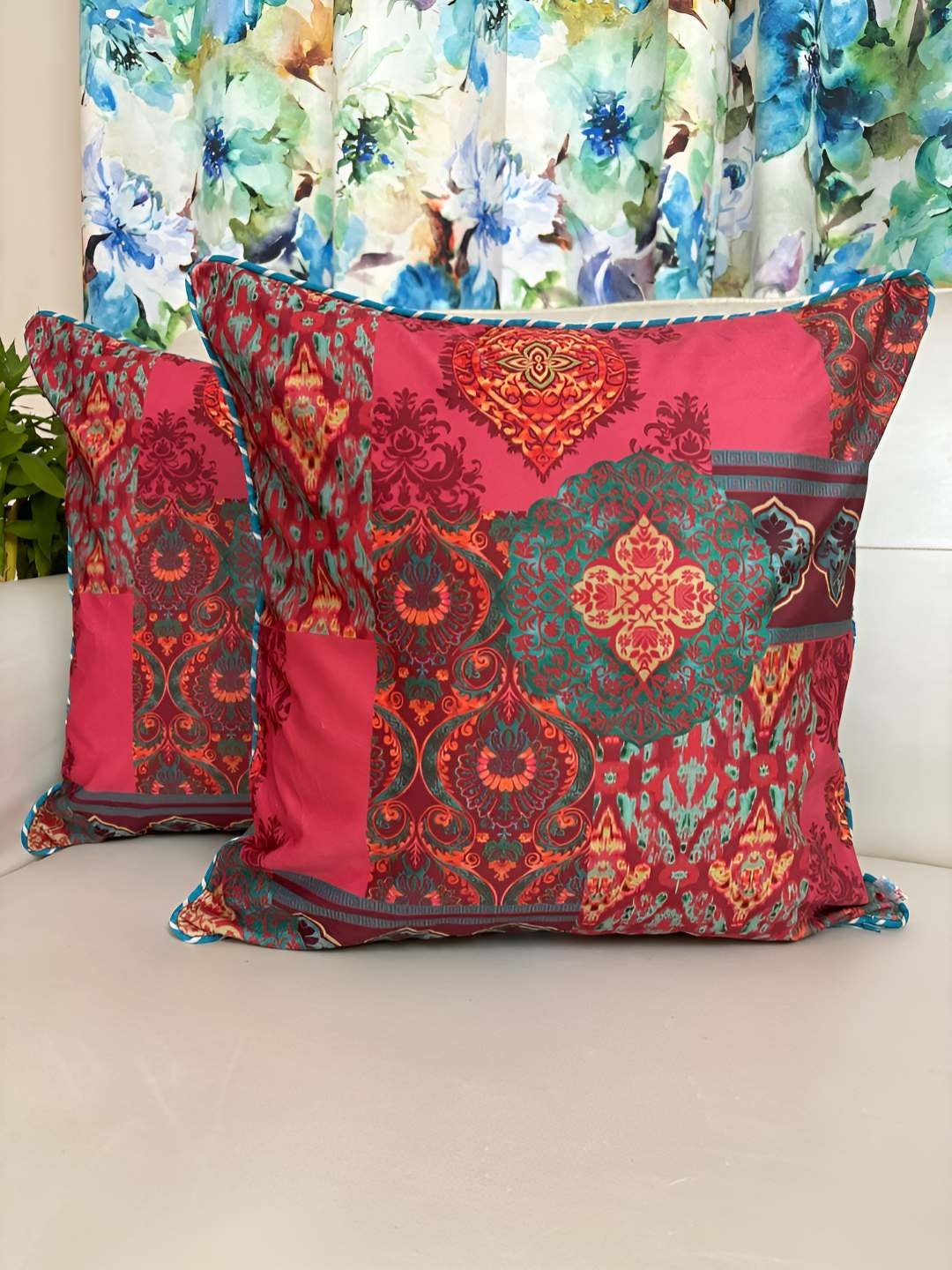 

TARA- Sparkling Homes Red & Green Set of 2 Ethnic Motifs Velvet Square Cushion Covers