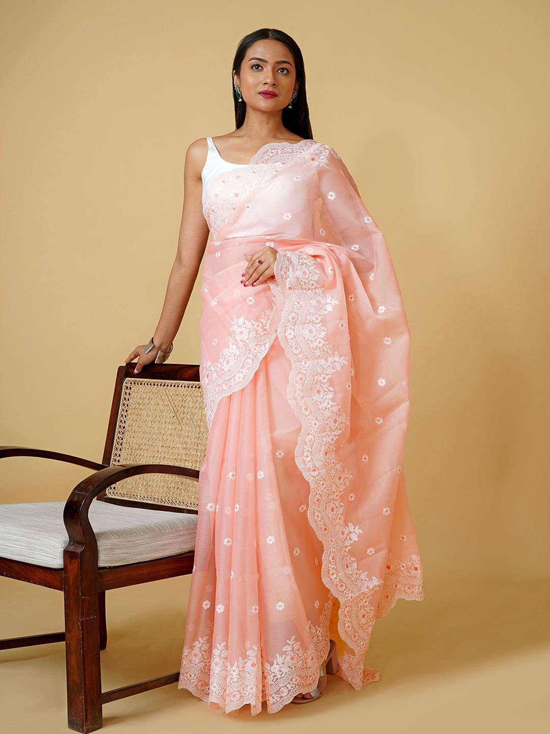 

TEEJH Floral Embroidered Organza Saree, Peach