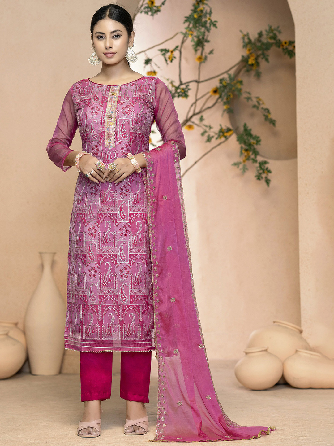 

MANVAA Paisley Embroidered Organza Sequinned Unstitched Dress Material, Pink