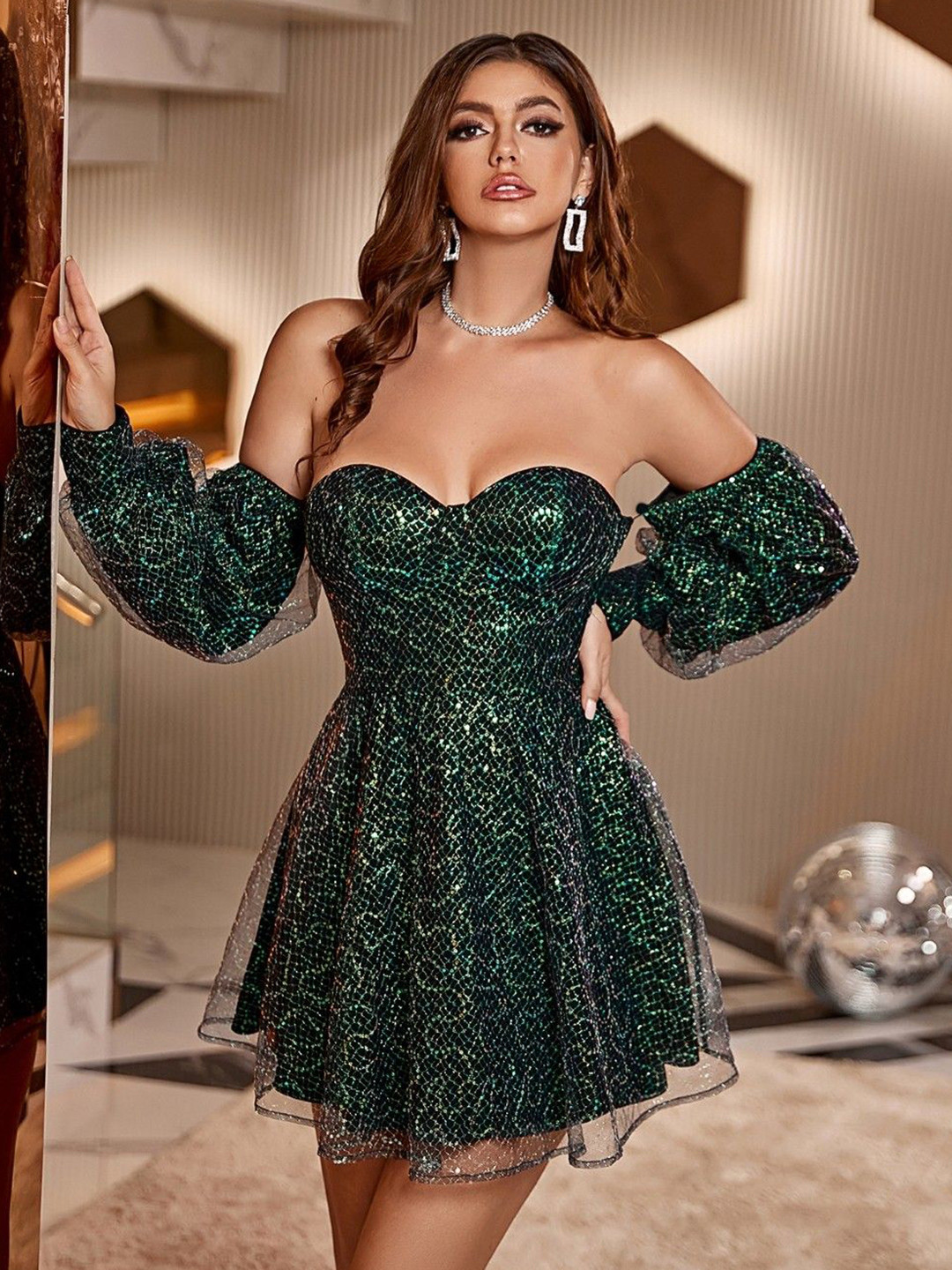 

StyleCast Sequinned Embellished Sweetheart Neck Fit & Flare Dress, Green