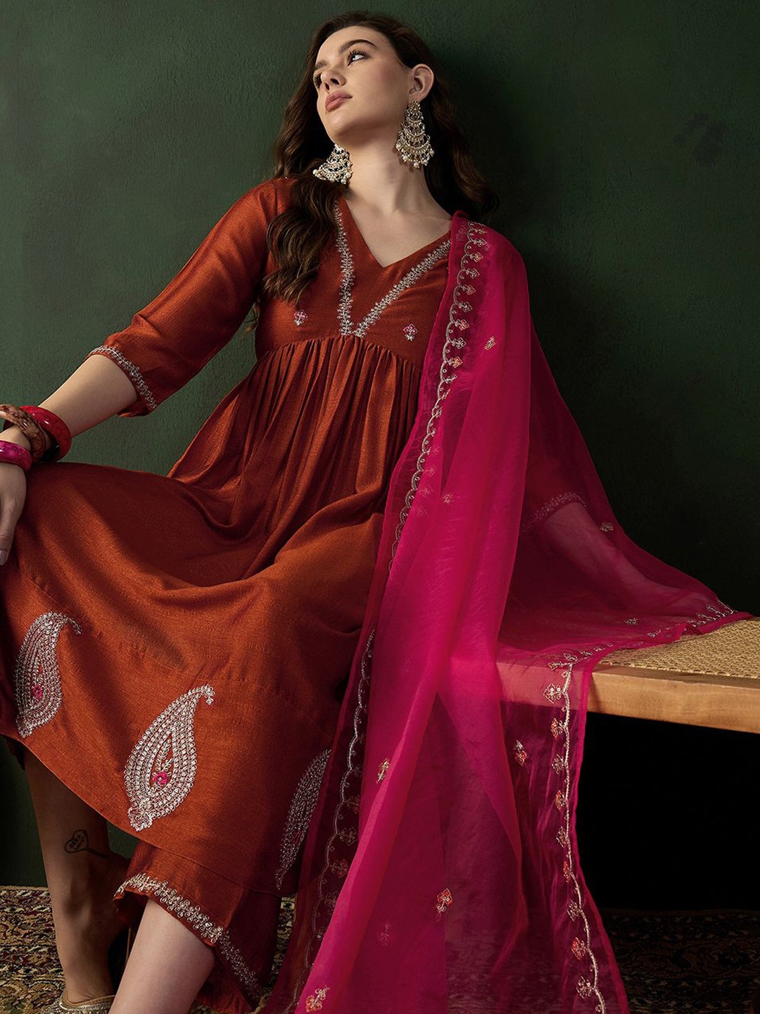 

Sangria Floral Embroidered Zari Sequence A Line Kurta With Trouser & Dupatta, Rust