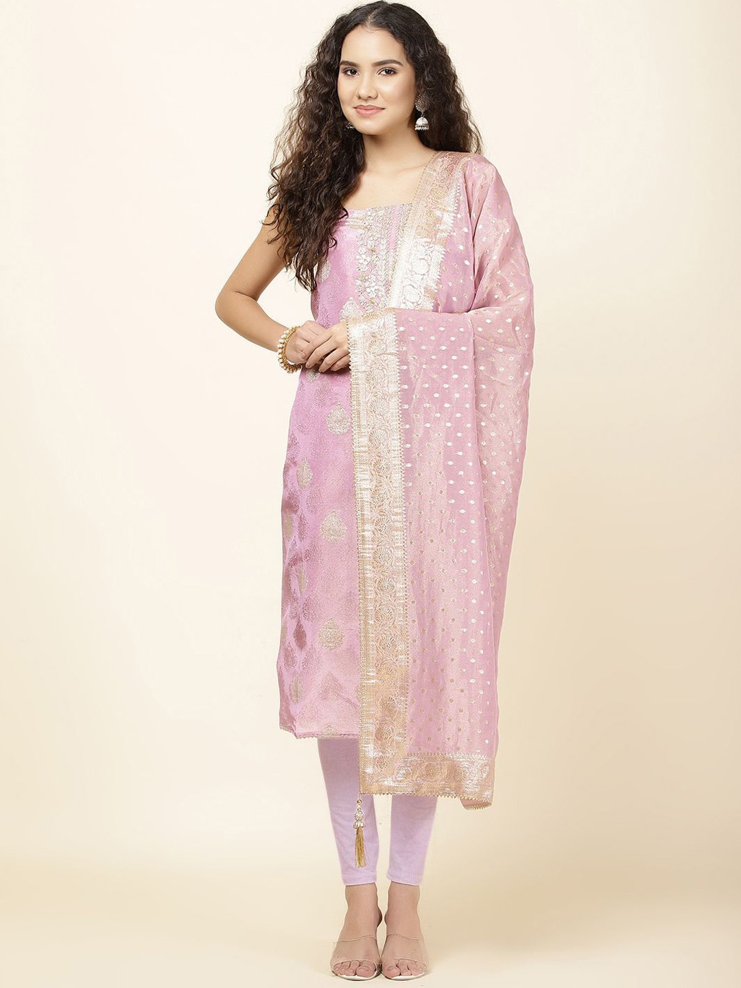 

Meena Bazaar Ethnic Motifs Woven Design Unstitched Dress Material, Pink