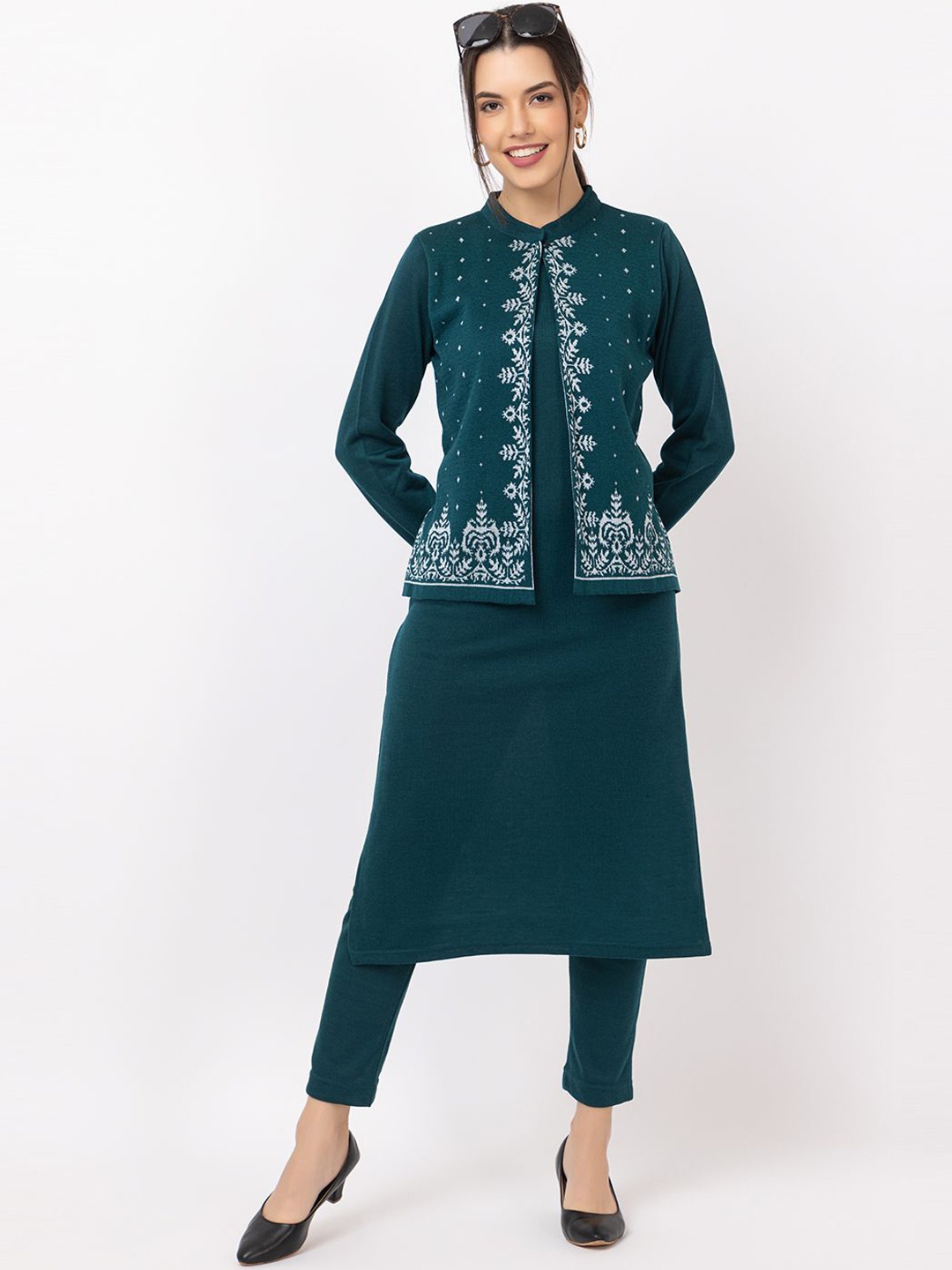 

Anouk Teal Floral Printed Mandarin Collar Jacquard Straight Winter Wear Kurta With Trouser