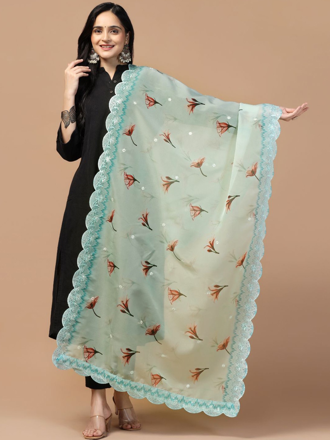 

Kaizen TEXO FAB Printed Organza Dupatta with Sequinned, Sea green