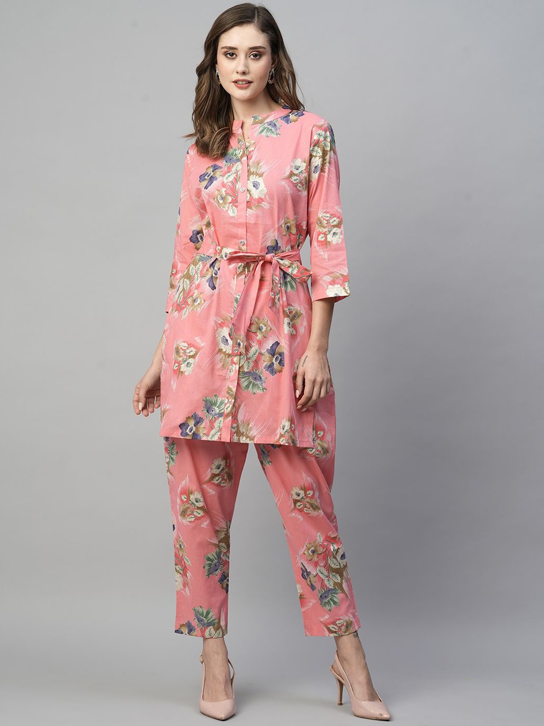 

KALINI Floral Printed Mandarin Collar Pure Cotton Tunic With Trousers, Pink