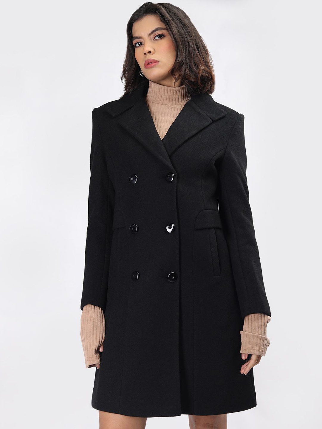 

PROTEX Women Solid Double Breasted Winter Woollen Overcoat, Black