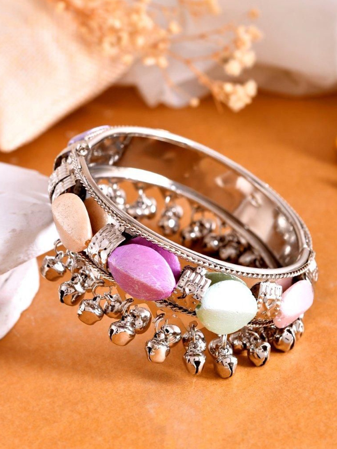 

VOJ Silver Plated Stainless Steel Artificial Beads Cuff Bracelet