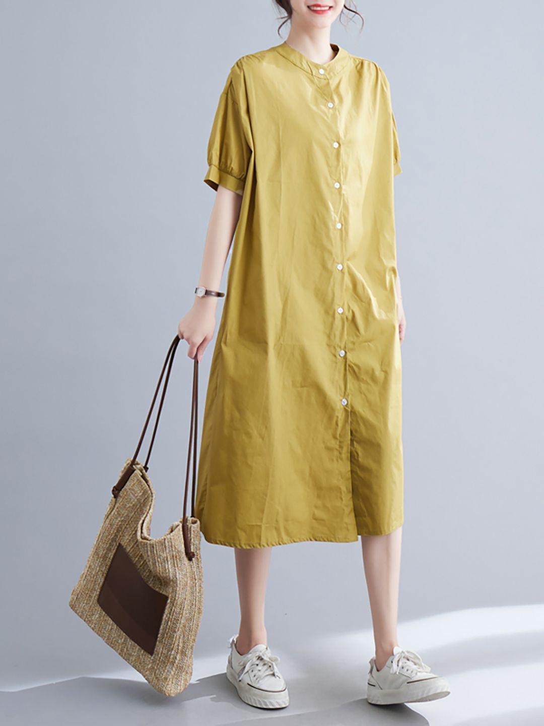 

JC Mode Short Sleeves Shirt Midi Dress, Yellow