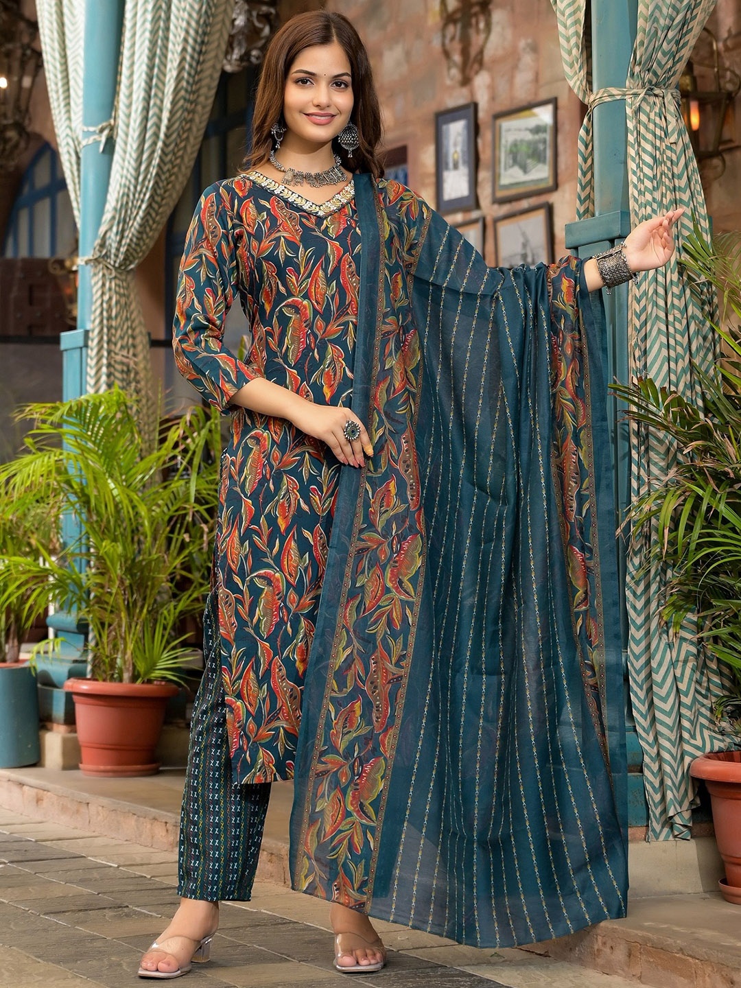 

KALINI Floral Printed Thread Work Straight Kurta With Trousers & Dupatta, Blue
