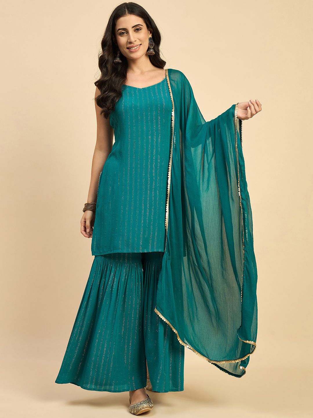 

Azira Striped V-Neck Gotta Patti Straight Kurta With Sharara & Dupatta, Green