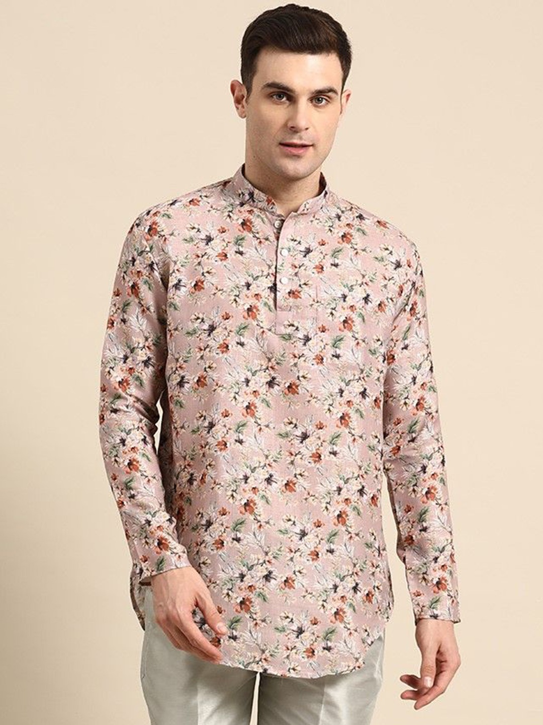 

Sayisha Floral Printed Mandarin Collar Cotton Straight Kurta, Brown