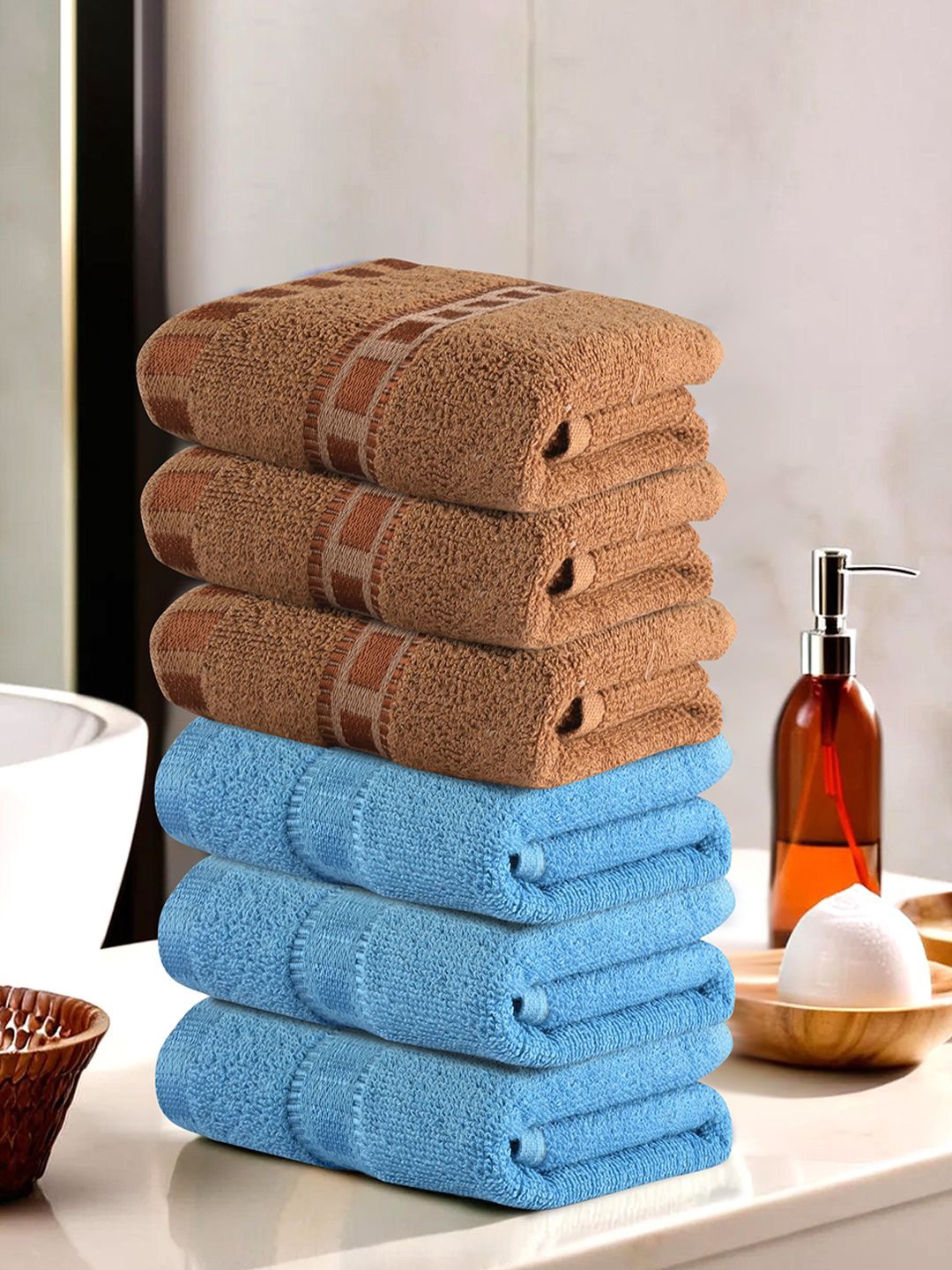 

Kuber Industries Brown & Blue 6 Pieces Highly Absorbent 225 GSM Cotton Face Towel