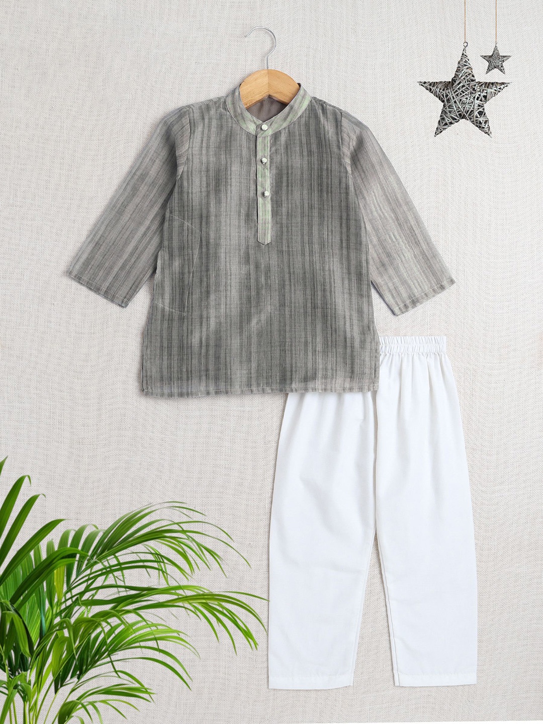 

The Magic Wand Boys Striped Straight Pure Cotton Kurta with Pyjamas, Grey