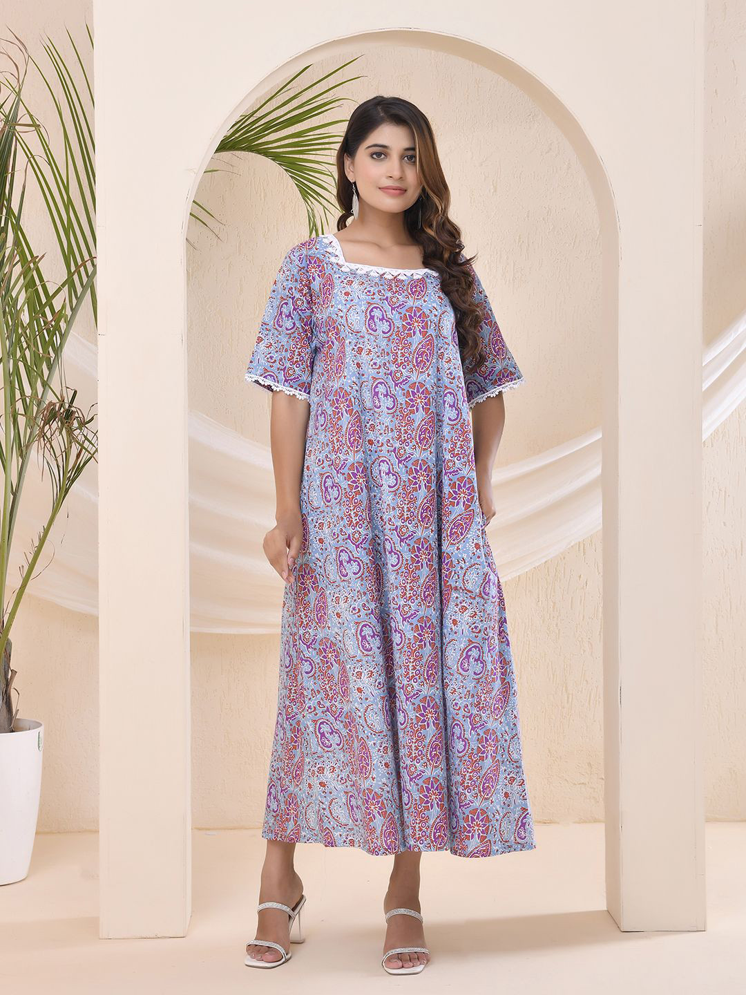 

THE SAFFRON SAGA Floral Print A-Line Maxi Dress, Blue