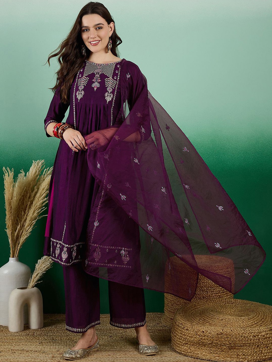 

Sangria Embroidered Round Neck Straight Kurta & Trouser With Dupatta, Burgundy