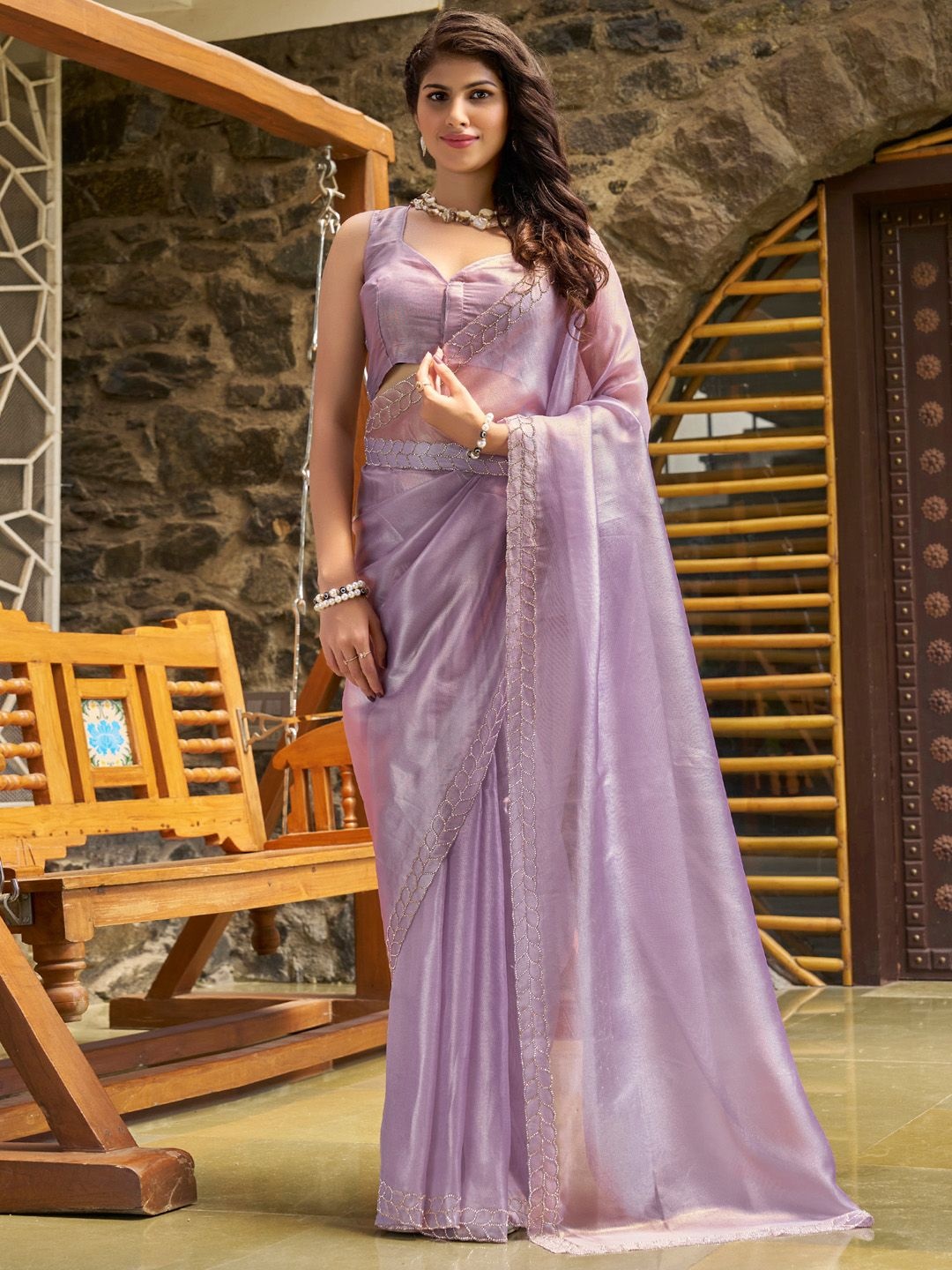 

Saree mall Embellished Beads and Stones Organza Sarees, Lavender