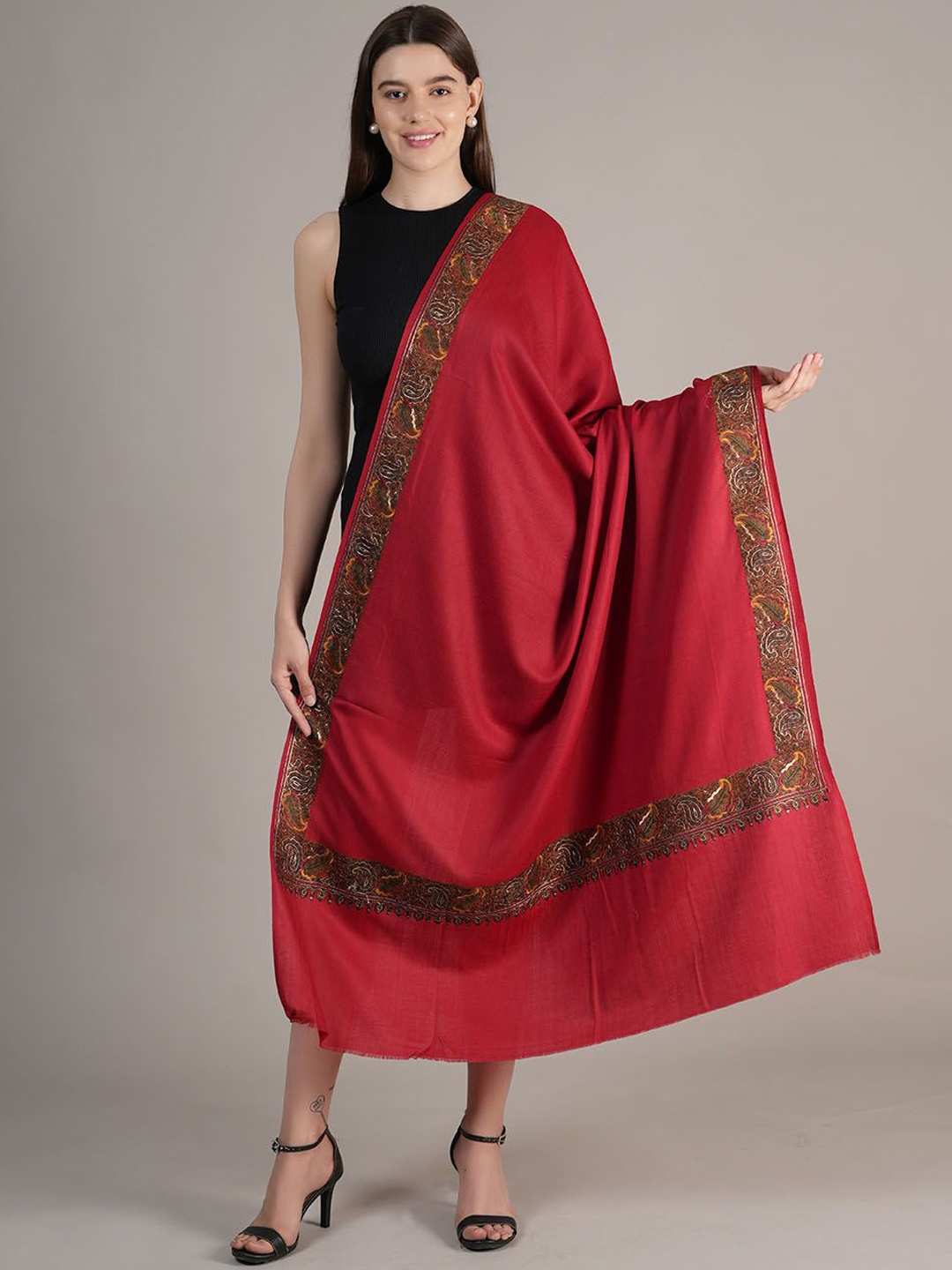 

MUFFLY Floral Embroidered Pashmina Woolen Shawl, Maroon