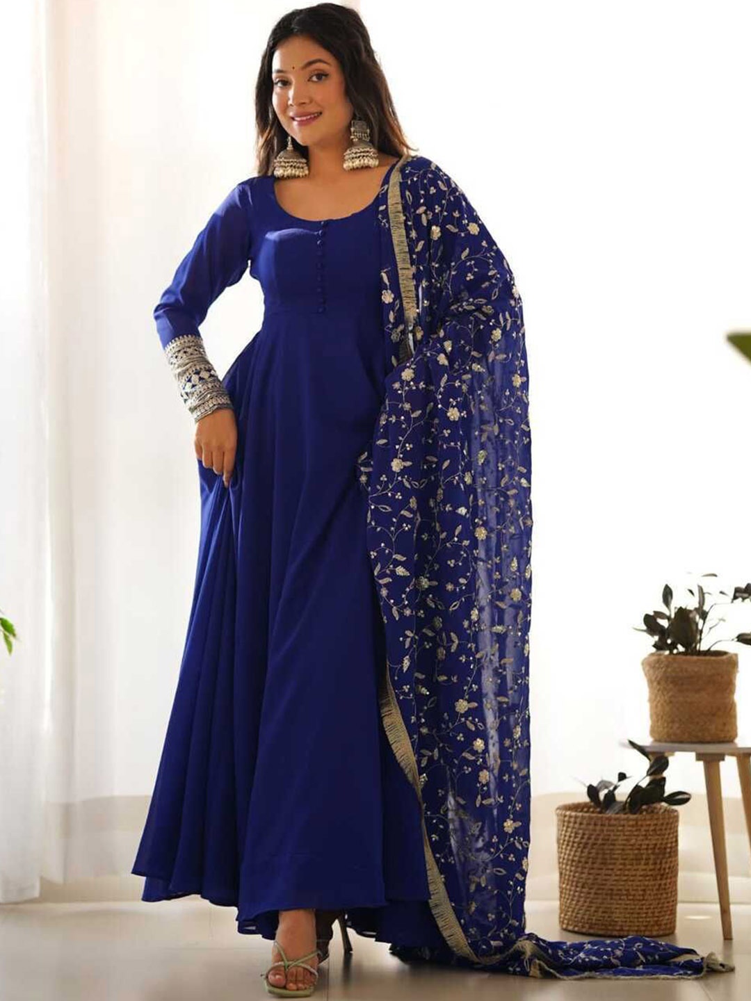 

ZIBLON Round Neck Long Sleeves Sequinned Anarkali Kurta With Trousers & Dupatta, Blue
