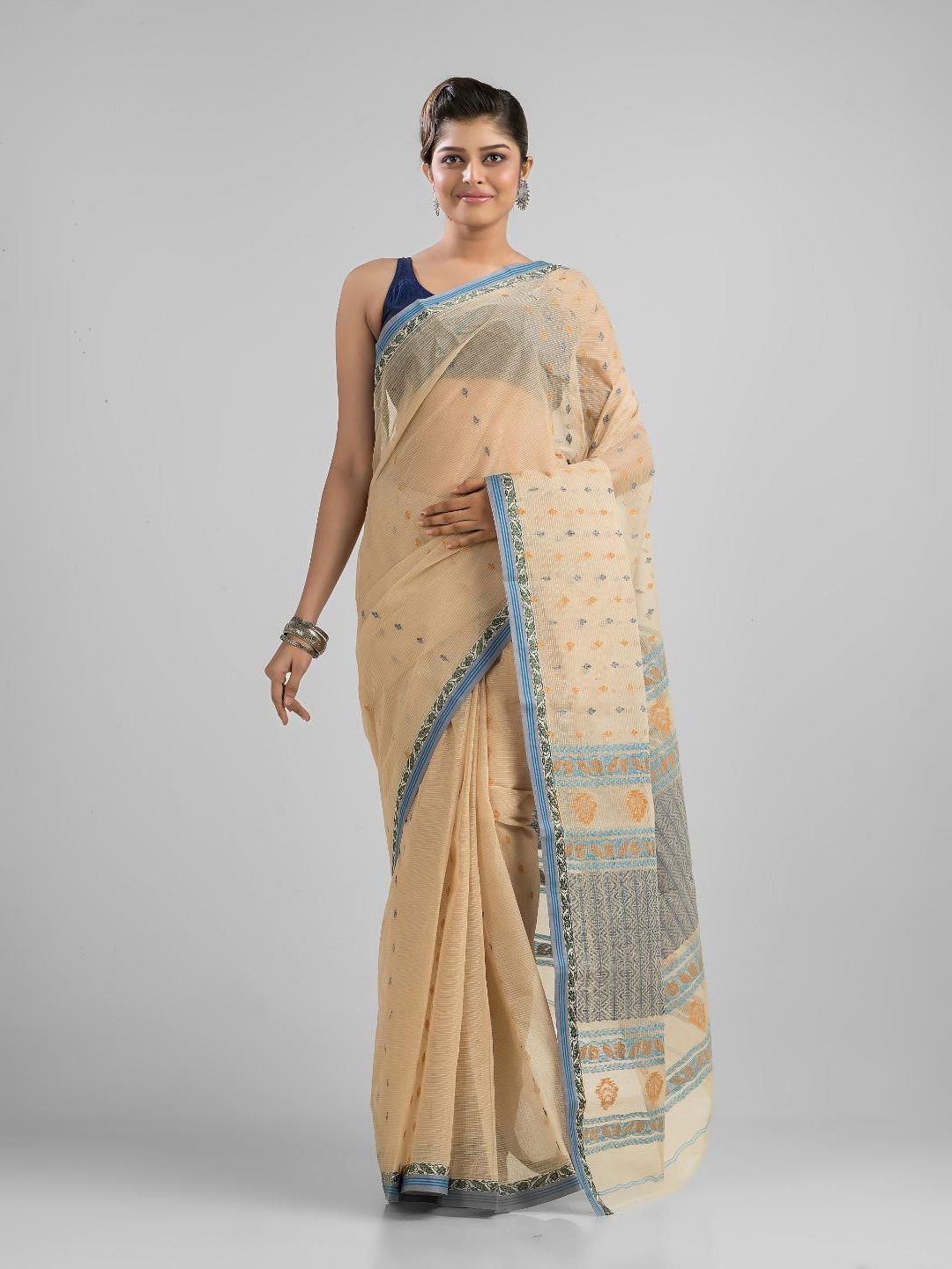 

SAJASAJO Ethnic Motifs Pure Cotton Fusion Saree, Beige