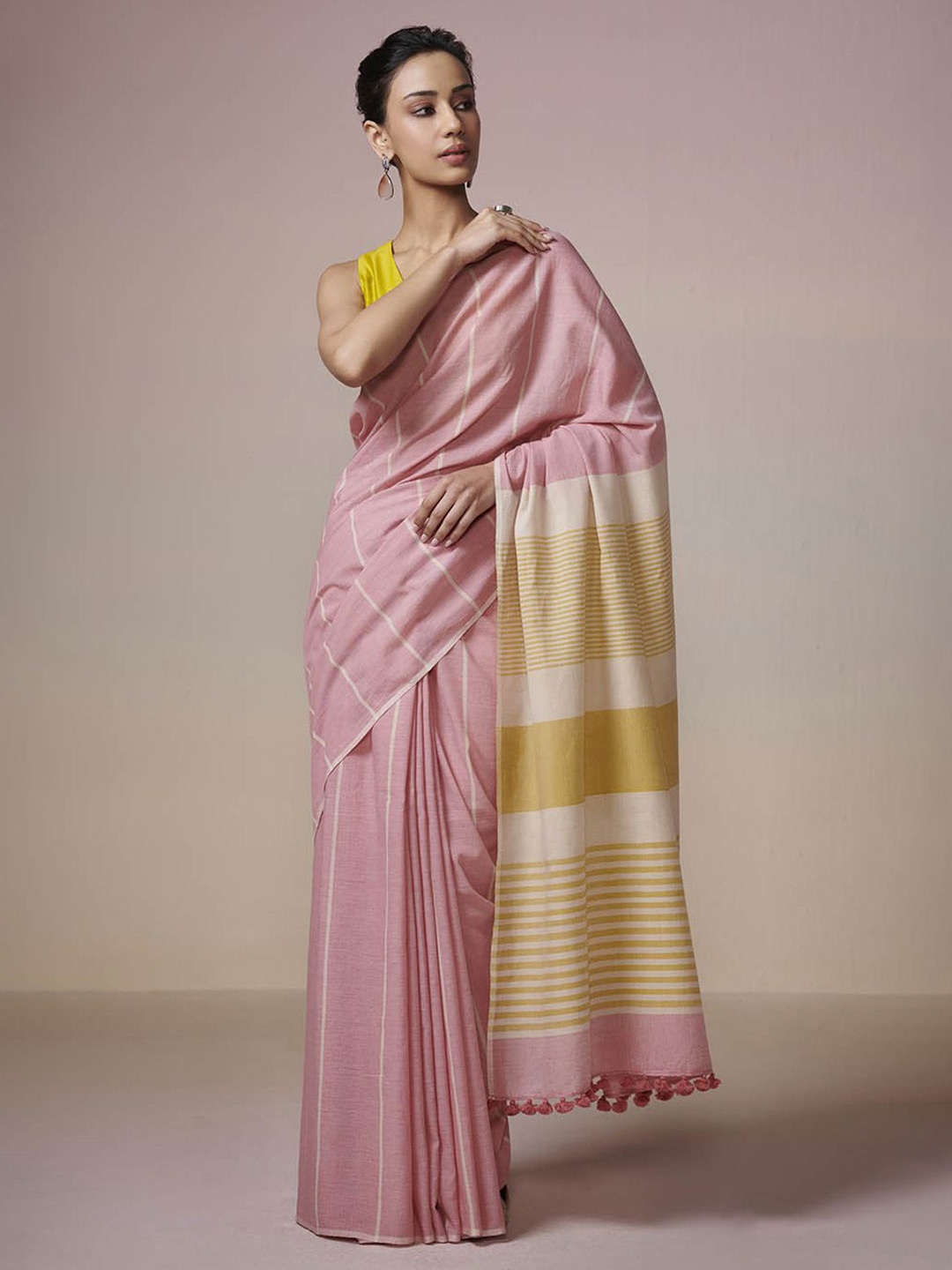 

DRESSFOLK Handloom Cotton Pink with yellow and Ivory Stripes Saree