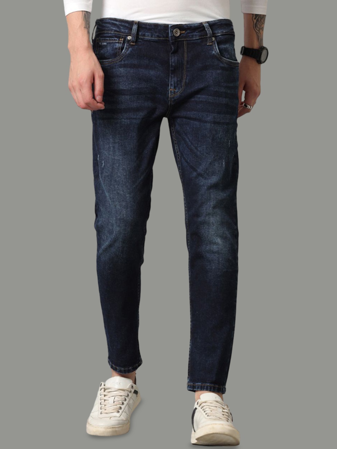

Voi Jeans Men Mid-Rise Skinny Fit Mildly Distressed Light Fade Stretchable Jeans, Blue