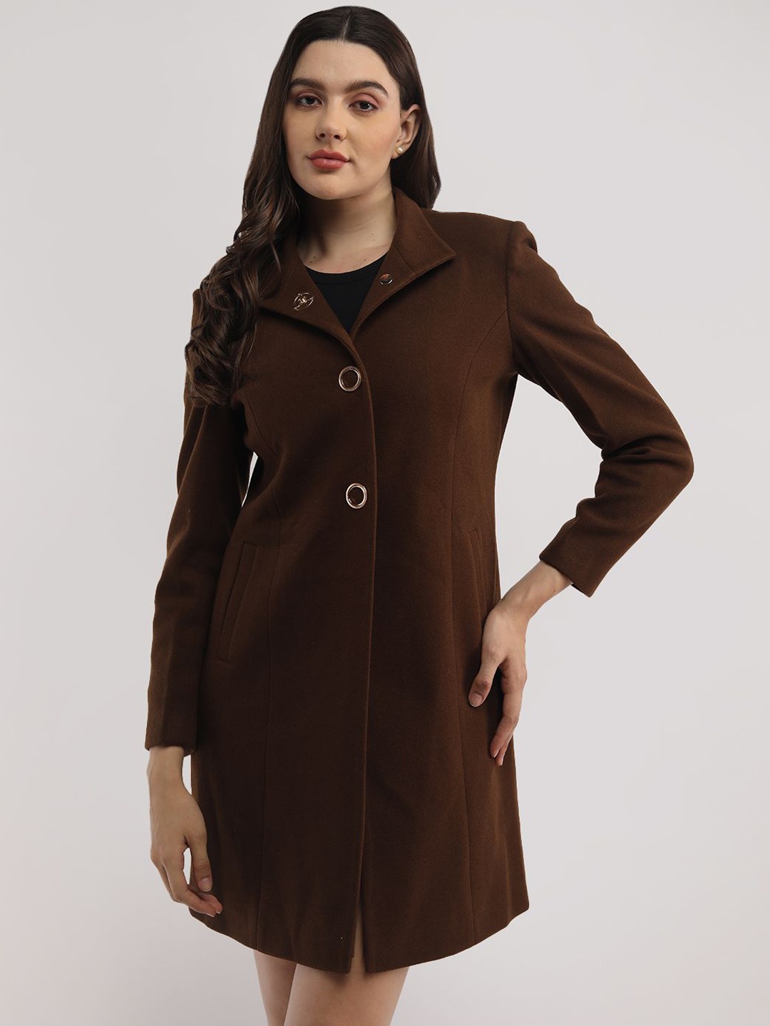 

PROTEX Women Solid Single Breasted Winter Woollen Overcoat, Coffee brown