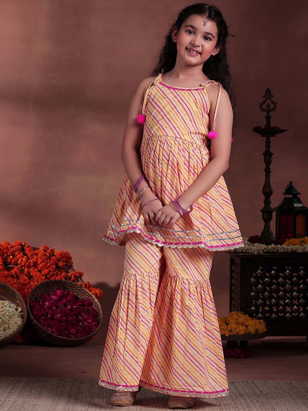 

Libas KIDS Girls Leheriya Striped Gotta Patti Pure Cotton A-Line Kurta With Sharara, Yellow