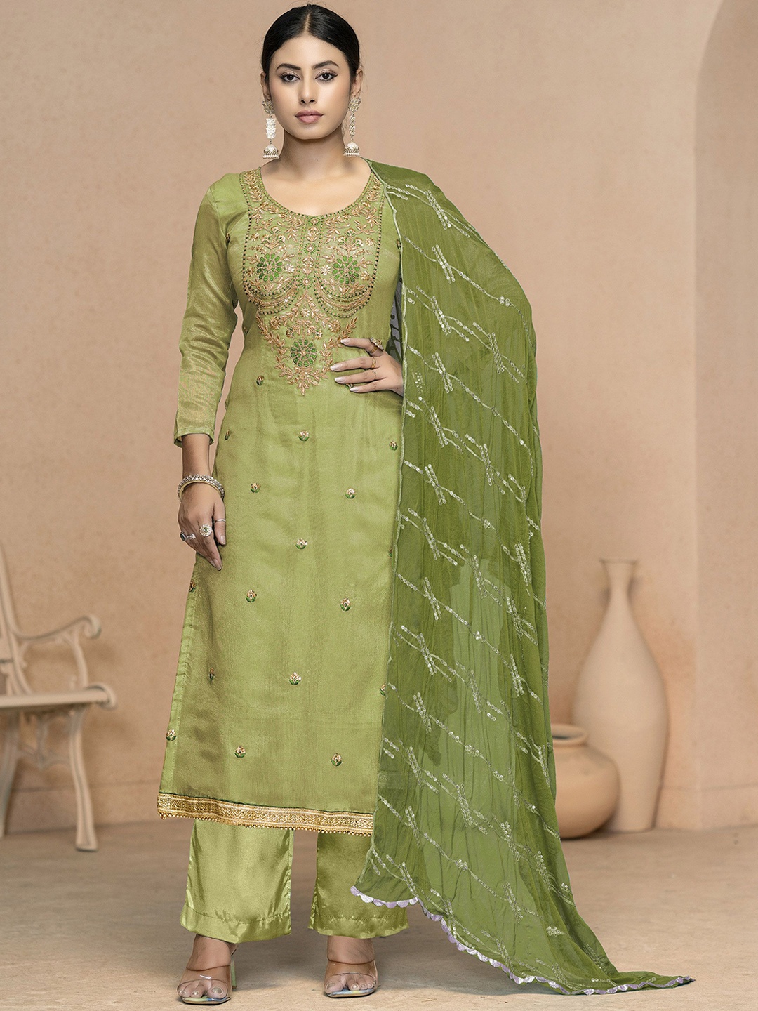 

MANVAA Embellished Zari Work Unstitched Dress Material, Lime green