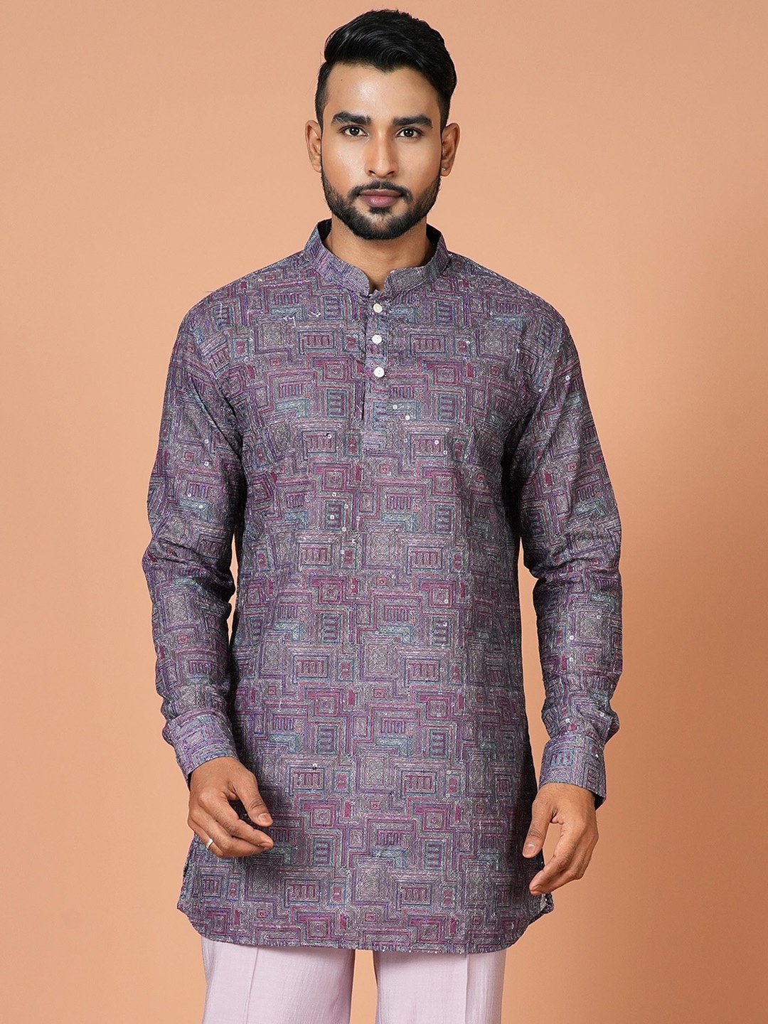 

Sayisha Geometric Printed Mandarin Collar Cotton Silk Short Kurta, Purple