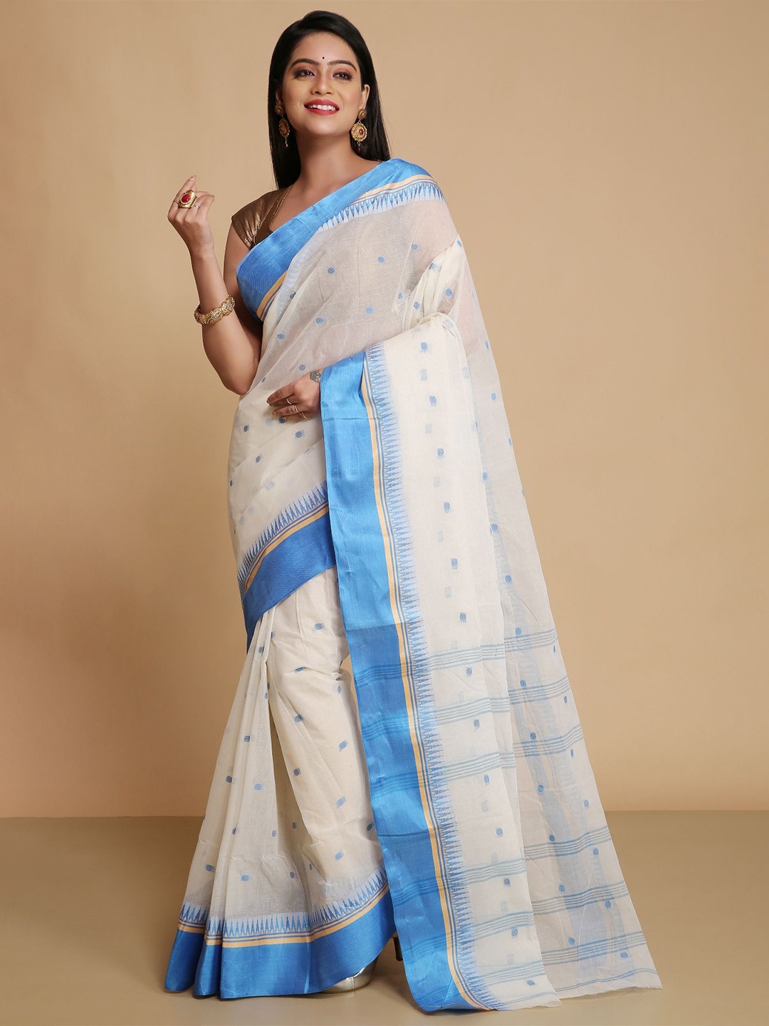 

WoodenTant Ethnic Motifs Pure Cotton Taant Saree, White