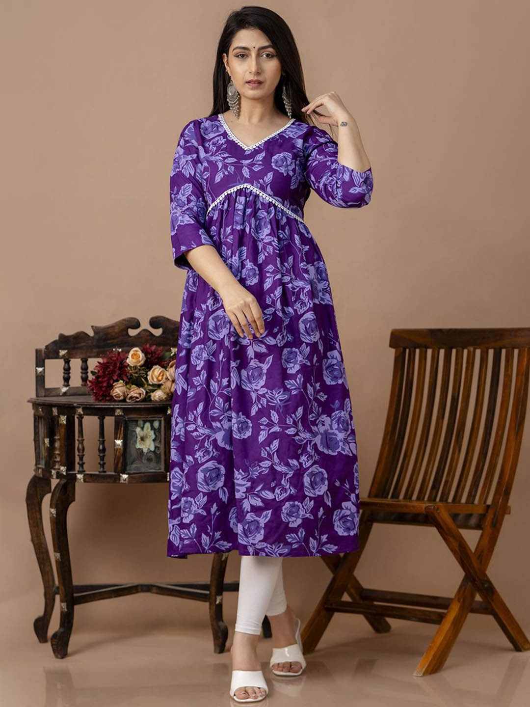 

Veshviti Floral Printed V-Neck Alia Cut A-Line Kurta, Purple