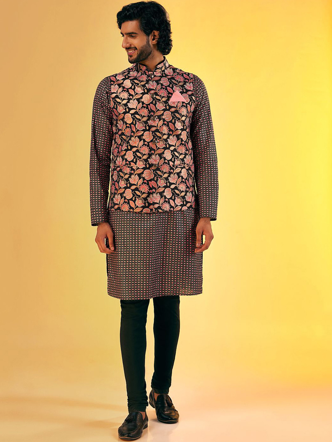 

Anouk Black & Peach Floral Printed Mandarin Collar Kurta with Churidar & Nehru jacket